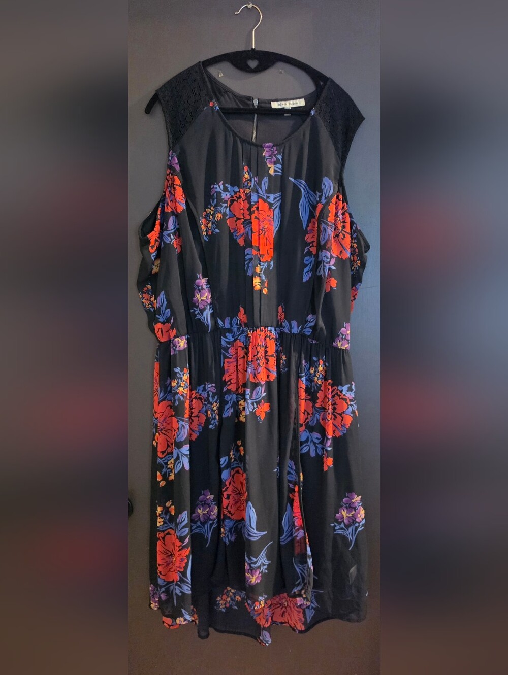 Black Rainn Black Midi Dress with Red & Blue Floral Print